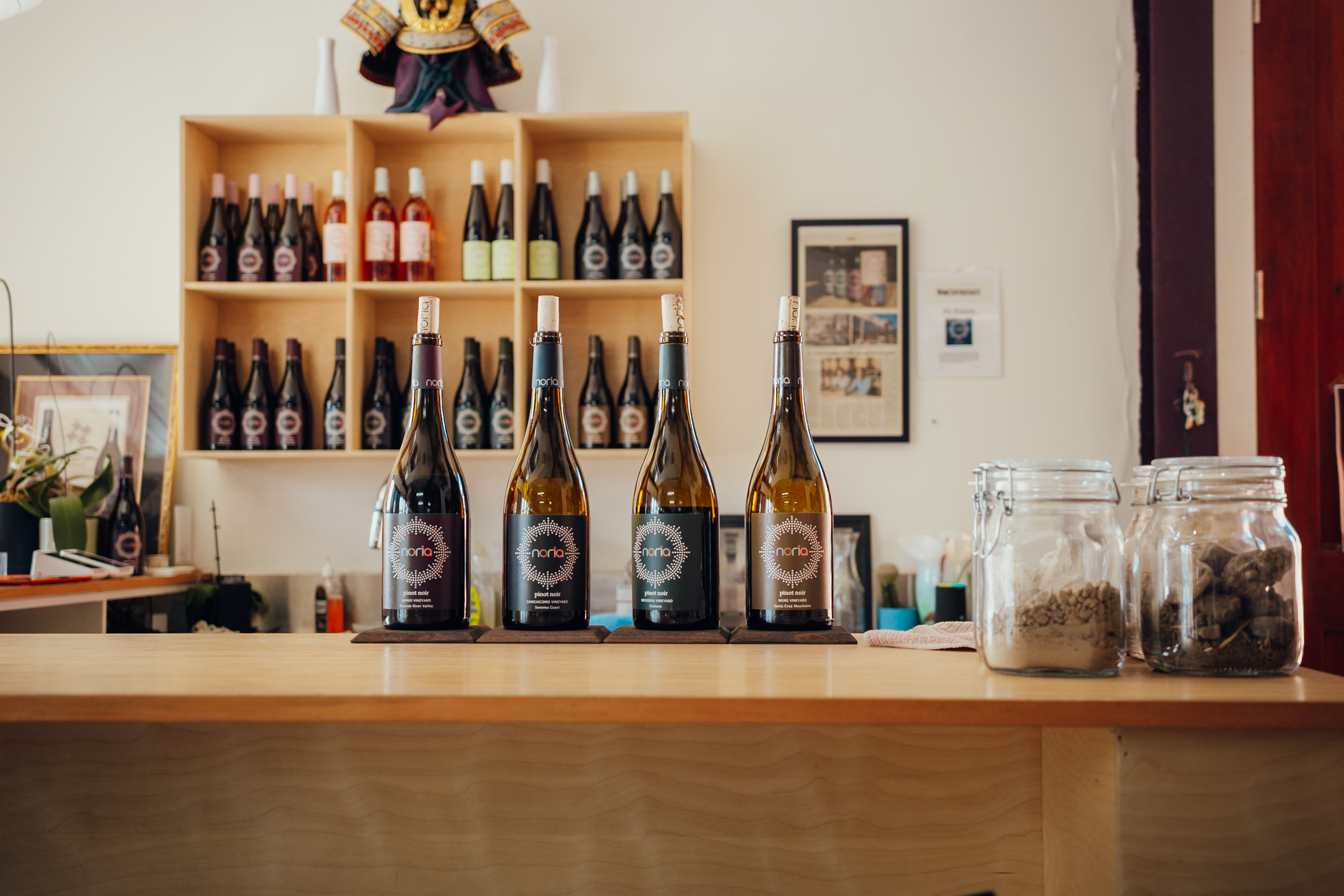 Wine bottles on table